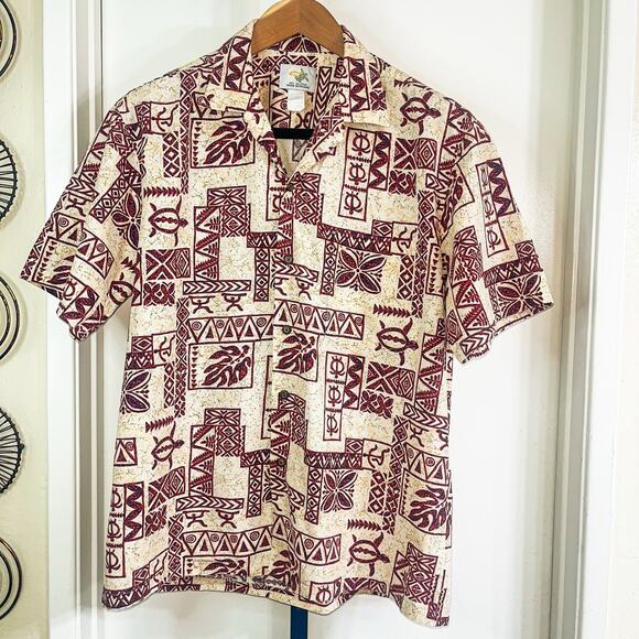 Ho Aloha Other - Ho Aloha Tribal Hawaiian Button Down Shirt - Red Tan, Size L